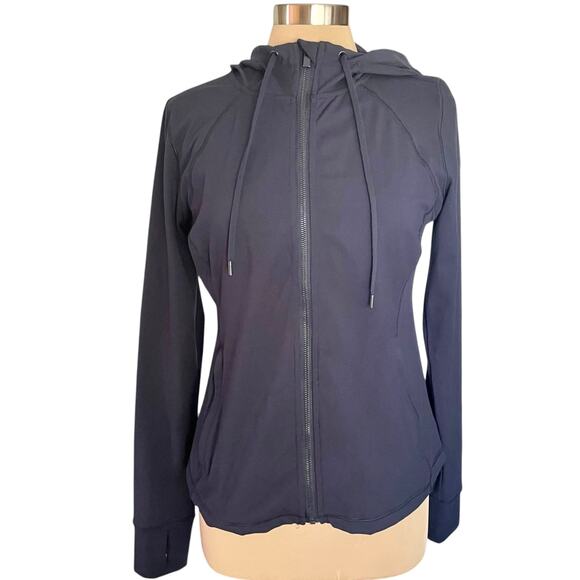 Yogalicious Lux Navy Blue Zip Front Hooded Jacket Size L Zip Pockets Thumb Holes - Picture 1 of 8